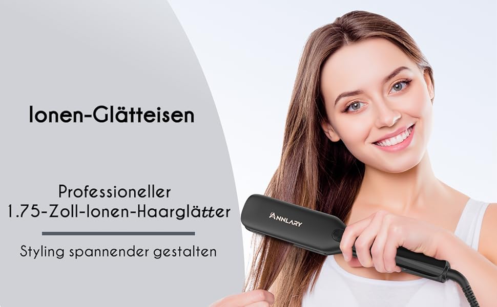ANNLARY 2-in-1 Hair Straightener & Curling Wand with Titanium Ceramic Ion Technology - Anti-Heat Silicone Protection for Less Split Ends, Shiny Hair - Dual Voltage (110-240V) - Black/Rose Gold (1.75 inch)