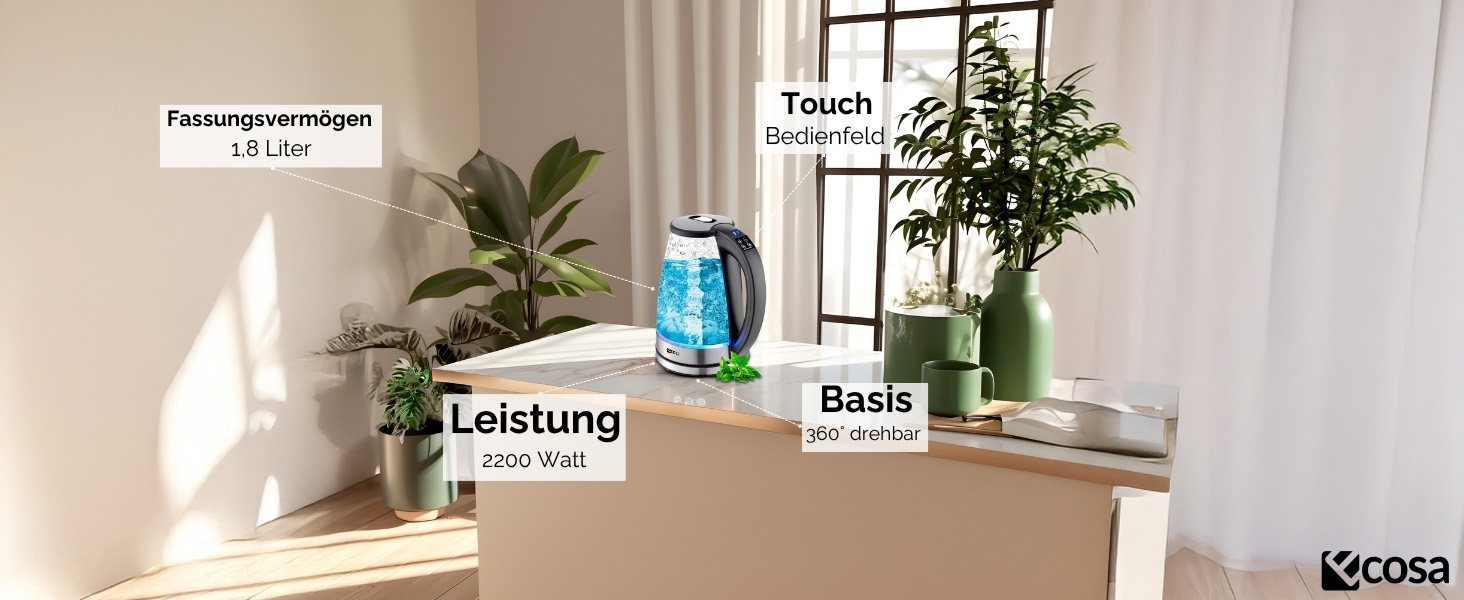 Електричний чайник Ecosa® зі скляною колбою та нержавіючою сталлю, 1,8 л, 2200 Вт, регулювання температури 40°C-100°C, з підігрівом, LED-підсвічуванням, BPA Free