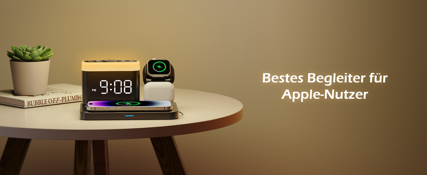 Бездрокова зарядна станція ANJANK 3-в-1 з будильником, 7 нічників та Mag-Safe для iPhone 17/16/15/14/13/12 Pro Max Plus, Apple Watch 11/10/9/8, AirPods