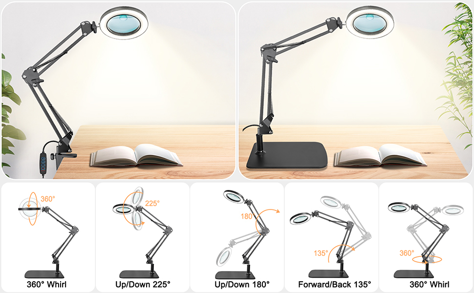 Лупа Jubor 2-в-1 з підсвічуванням та підставкою, 15x/10x, LED, з кріпленням та основою, настільна лампа, 3 режими, регулювання яскравості, для хобі, ремонту, DIY, чорна