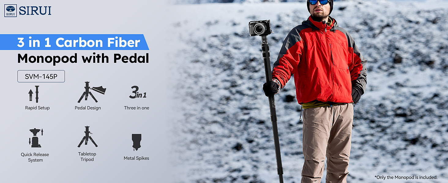 SIRUI Монопод з вуглецевого волокна з системою швидкого кріплення | 165см, професійний, 3-в-1, вантажопідйомність 10кг, для DSLR та відео (SVM-145P)
