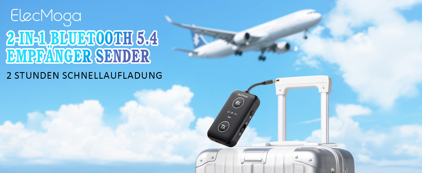 Bluetooth 5.4 адаптер ElecMoga 2-в-1: передавач та приймач, підтримка 2 пристроїв, для авто, телевізора, навушників
