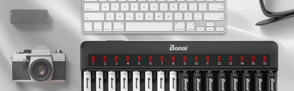 Зарядний пристрій BONAI для акумуляторів AA AAA з LED-індикатором, 16 слотів, універсальний, чорний