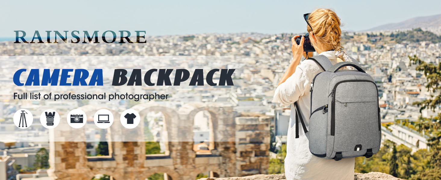 Рюкзак для фотокамери RAINSMORE з відділенням для ноутбука 14 дюймів, чорний, з дощовиком. Підходить для Canon, Nikon, Sony (DSLR, SLR)