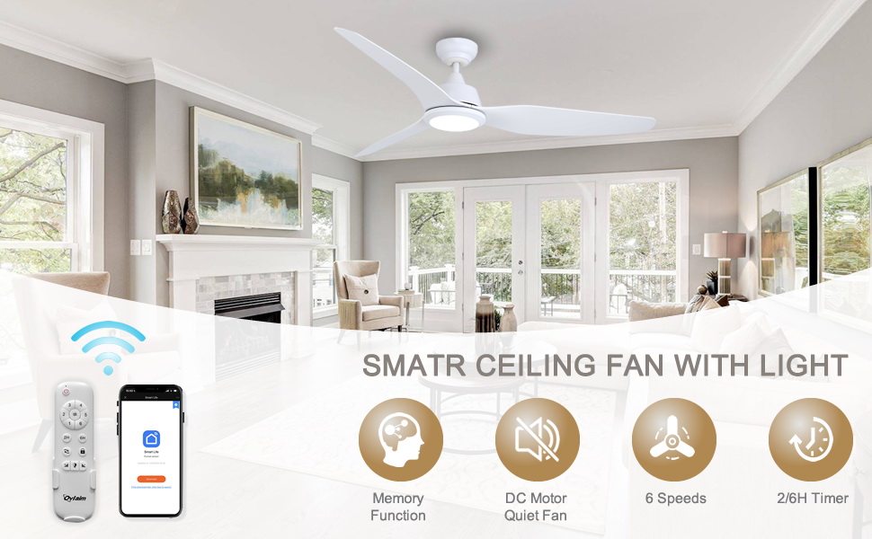 Стеляний вентилятор Ovlaim з підсвічуванням та пультом керування, Smart вентилятор, зимовий режим, DC мотор, сумісний з Alexa/Google Home, 142 см, білий