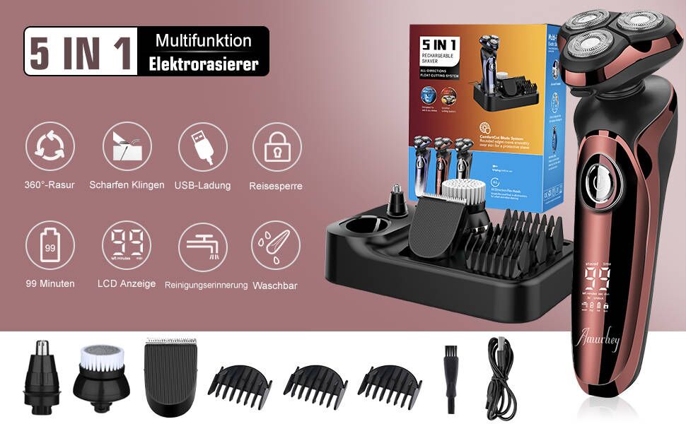 Електричний гострою для чоловіків Amurhey 5-в-1 з тримером, 3 насадки, 99 хв роботи, для сухого та вологого гоління, станція зарядки, подарунок для чоловіків