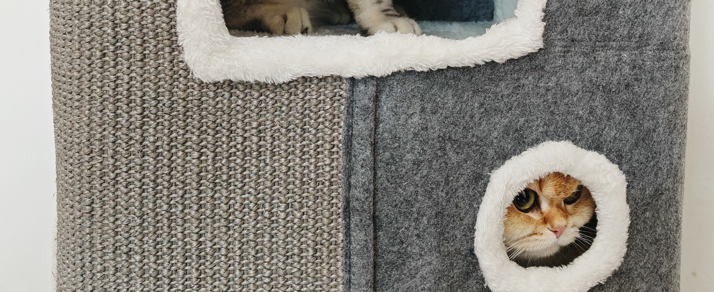 Spindro Котяча хатинка-ліжко велика, будиночок для котів для дому з м'якою подушкою Sherpa та підвішеною іграшкою, світло-сірий, 42x42x33 см, 4-рівнева, 42x32x84 см