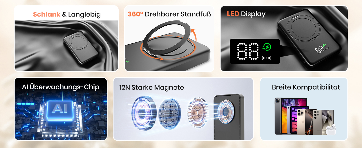 Портативний зарядний акумулятор SOARAISE 10000mAh з PD 20W, USB-C та бездротовою зарядкою, LED дисплеєм, чорний