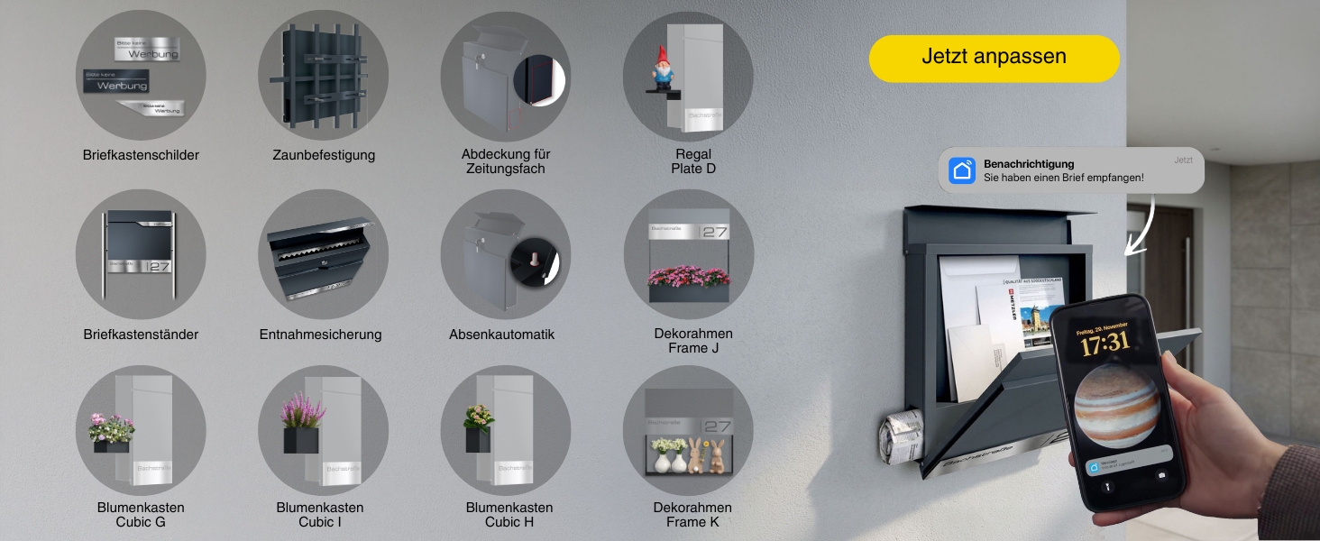 Поштовий ящик Metzler Anthrazit RAL 7016 з газетницею та табличкою з нержавіючої сталі V2A, антикорозійний, сучасний, 10 років гарантії на запчастини