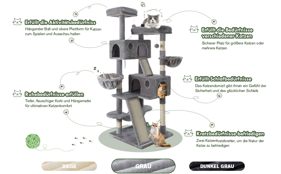 Котячий комплекс MUTICOR 168 см з кількома рівнями, гамак, кошики та іграми для великих котів (сірий)