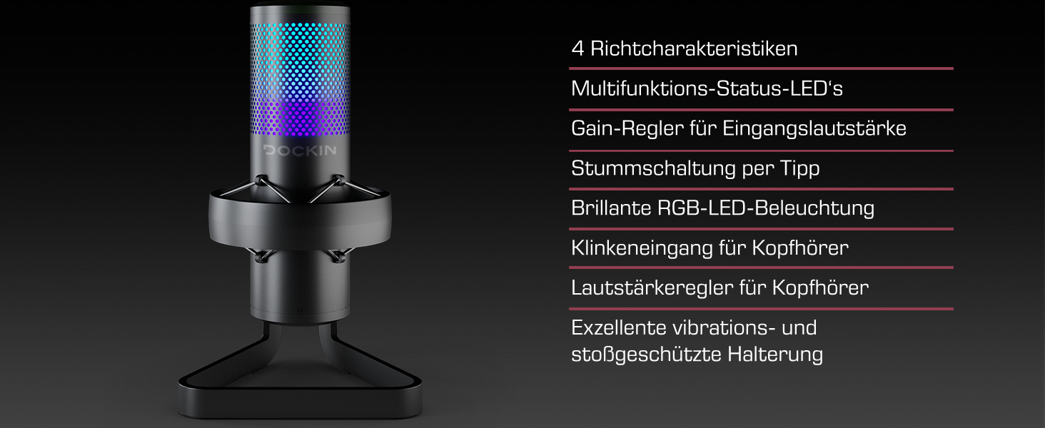 DOCKIN® MP2000: USB мікрофон-конденсатор для ПК, геймінгу, подкастів та стрімінгу - професійний мікрофон з підставкою для запису звуку з чудовою якістю звуку (130dB)