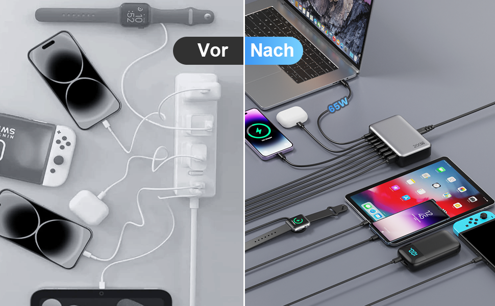 Зарядний пристрій Feob 200W USB-C GaN III 8-Port з PPS PD 65W для MacBook, iPhone, Steam Deck, смартфонів - Чорний