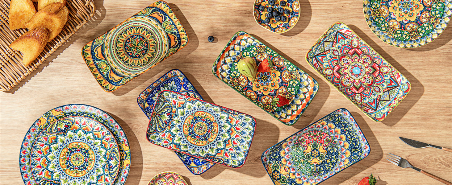 Набір сервірувальних тарілок Henten Home (6 шт.) - прямокутна форма, 25.5 см - для закусок, суші, фруктів, салатів, десертів - безпечно в мікрохвильовці, духовці, посудомийній машині - багатобарвний