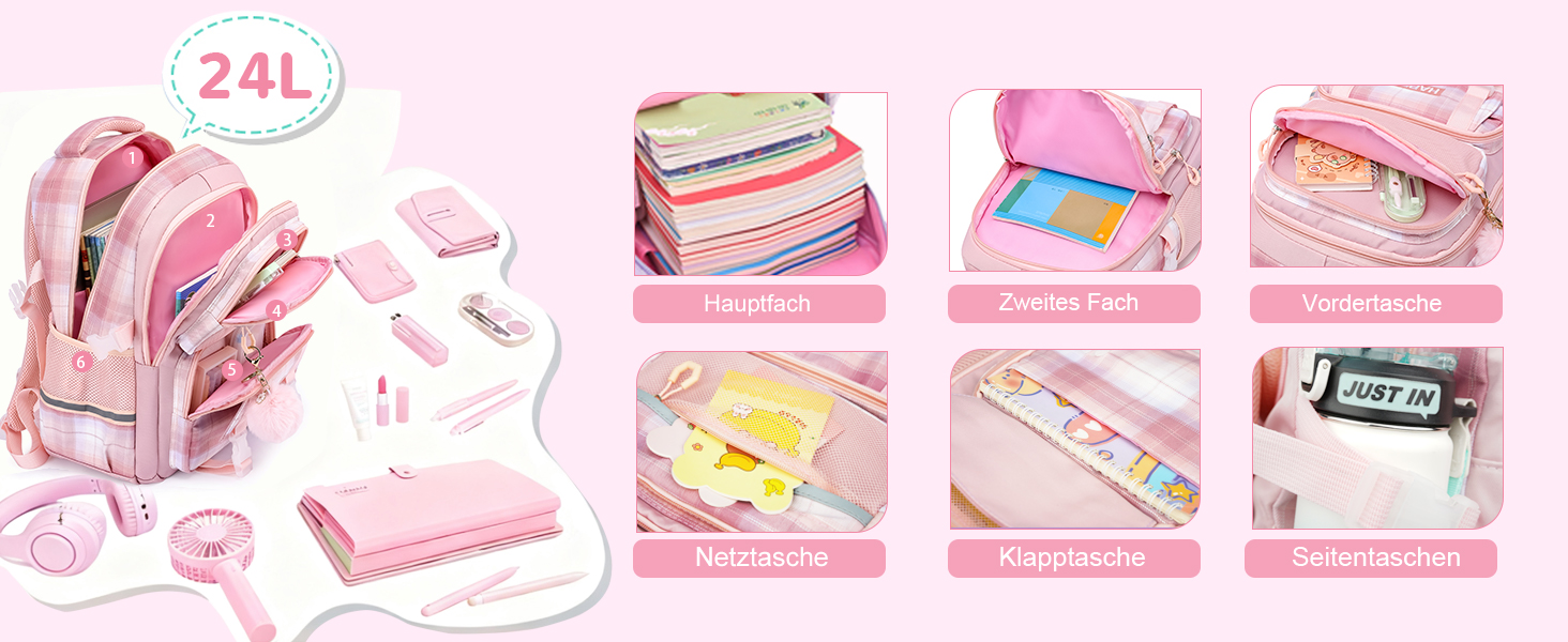 Шкільний рюкзак для дівчаток з візерунком, дихаючий та водовідштовхуючий рюкзак для 1-5 класів, Рожевий-01