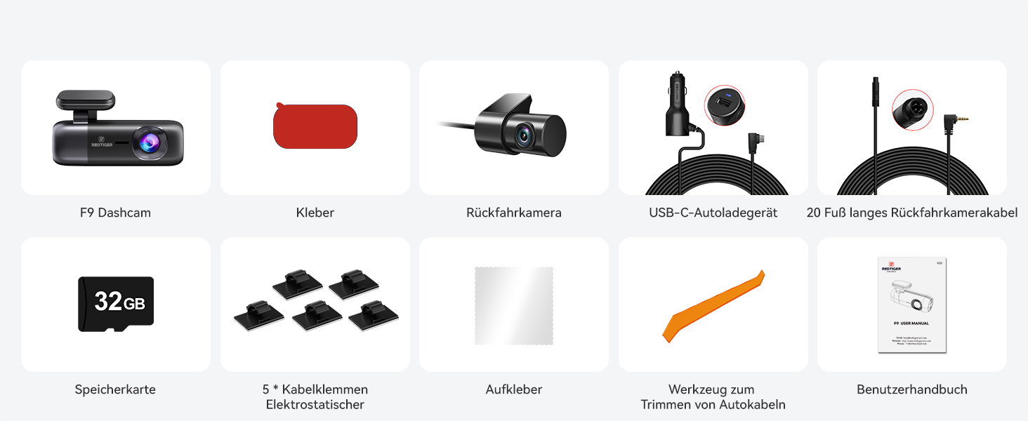 Відеореєстратор REDTIGER F9: 4K/1080P, WiFi, GPS, 32GB карта, запис по колу, нічне бачення, паркувальний режим, керування через додаток, підтримка до 256GB