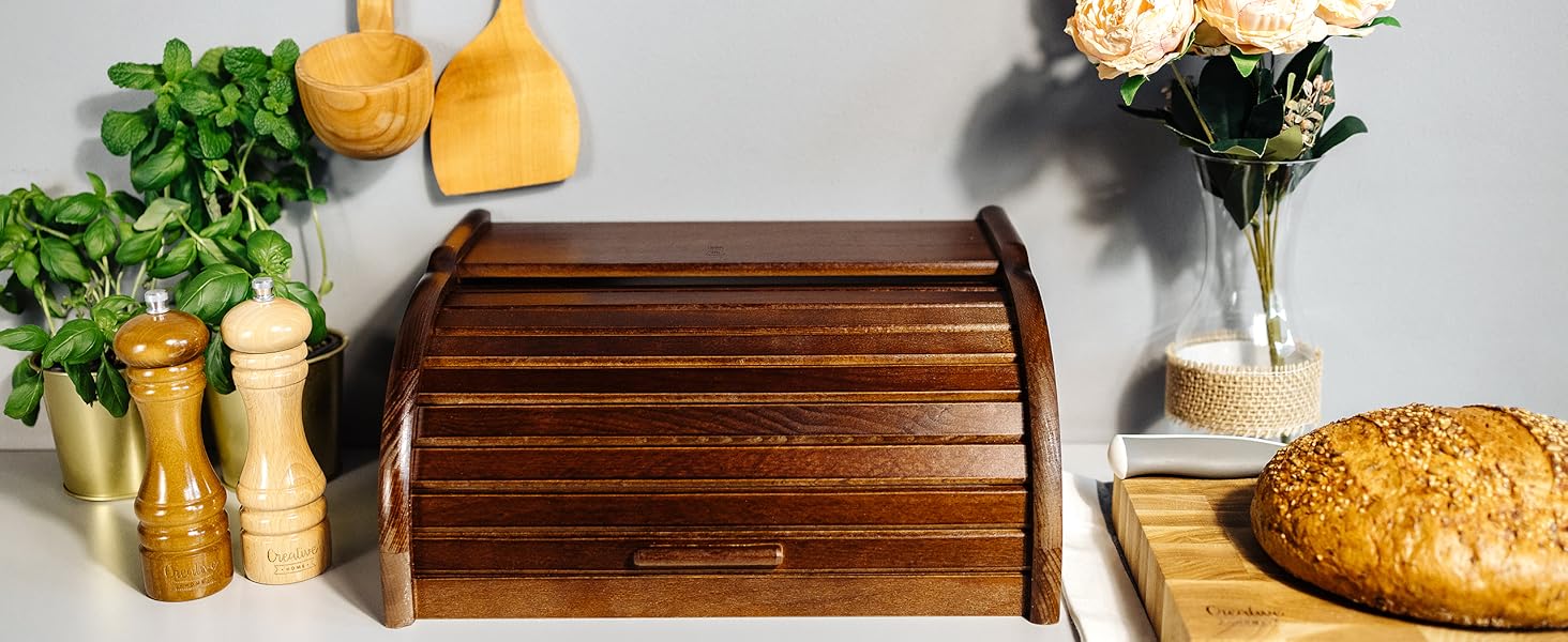 Дерев'яний хлібний ящик Creative Home | 38 x 28,5 x 17,5 см | Для хліба, булочок, тортів | З відкидним кришкою | Натуральний | Підходить для будь-якої кухні (колір: коричневий)