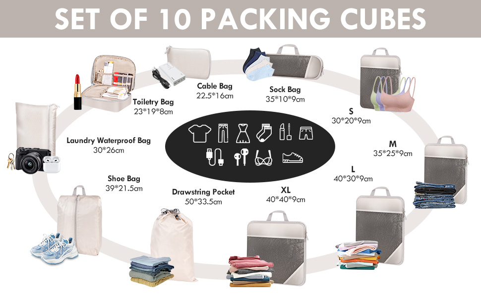 Набір органайзерів для валізи 10 шт. Packing Cubes з компресією, бежевий - органайзери для подорожей, сумки для одягу
