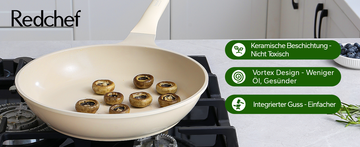 Redchef 28cm Ceramic Non-Stick Frying Pan with Lid - Induction Compatible, Durable, PTFE, PFOA & PFAS Free (Beige)