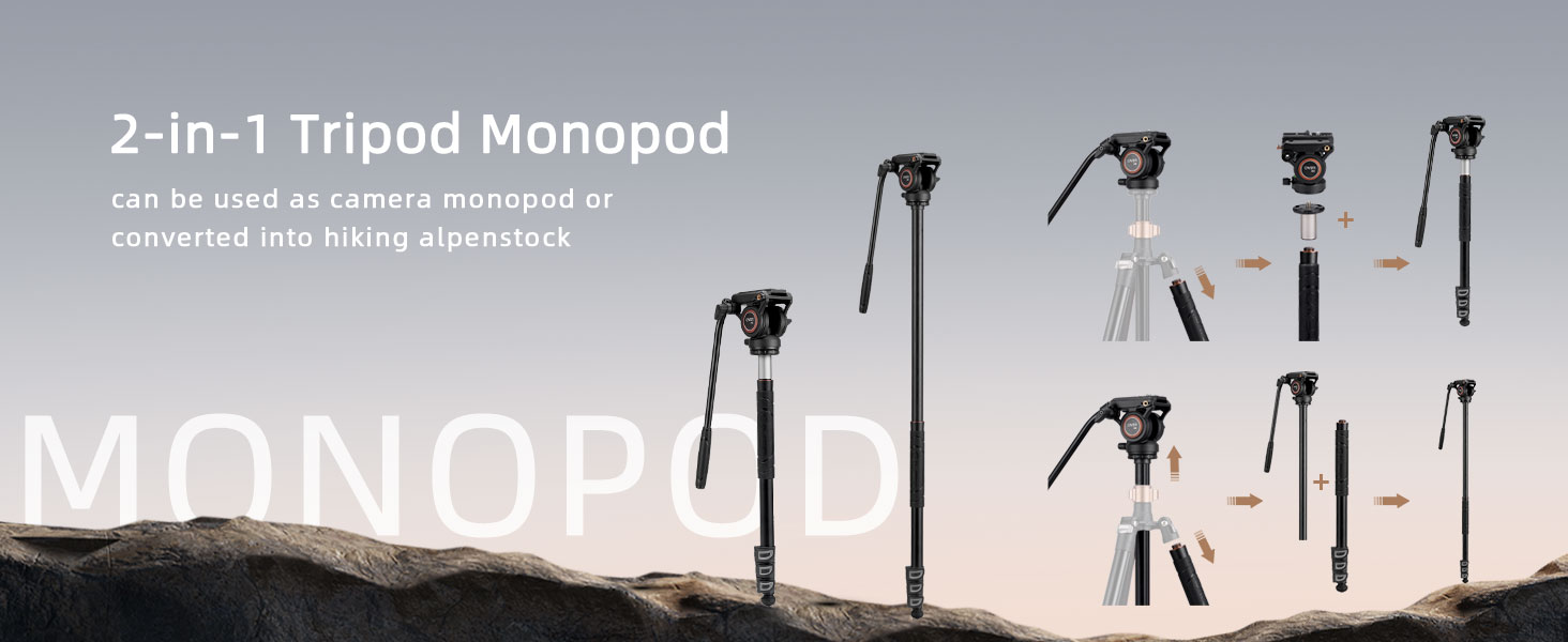 Штатив відео Cayer FP2450 з плинною головкою, 75 дюймів, алюміній, 4 секції, компактний, перетворюється на монопод, для DSLR, до 6 кг