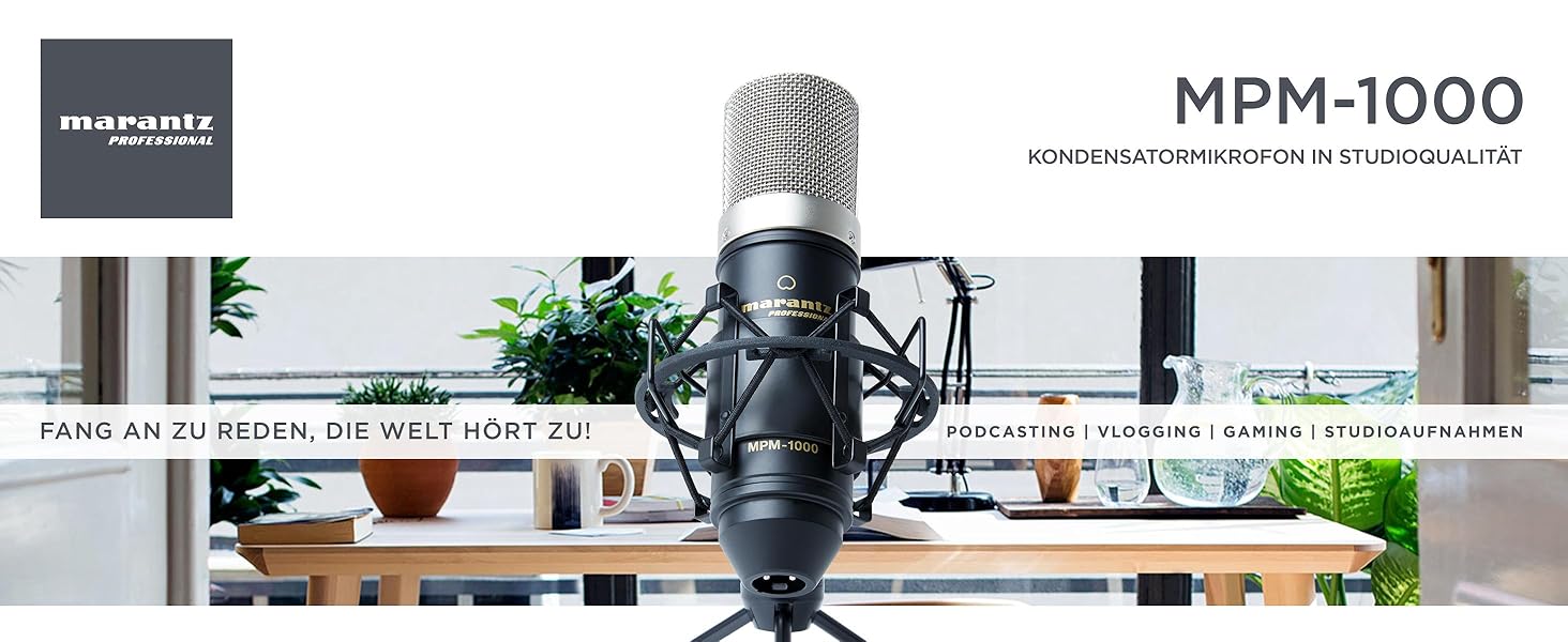 Мarantz Professional MPM1000 - XLR конденсаторний мікрофон з поп-фільтром, підвісом, штативом та XLR кабелем для дому/студії