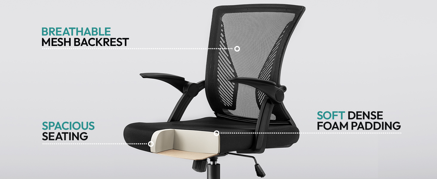 Офісне крісло Yaheetech ергономічне, комп'ютерне крісло з сітчастою спинкою, крісло для офісу з підлокітниками, крісло керівника з сітки, регульоване по висоті, вантажопідйомність 136 кг, дихаюче, функція гойдання (Чорний, відкидні підлокітники)