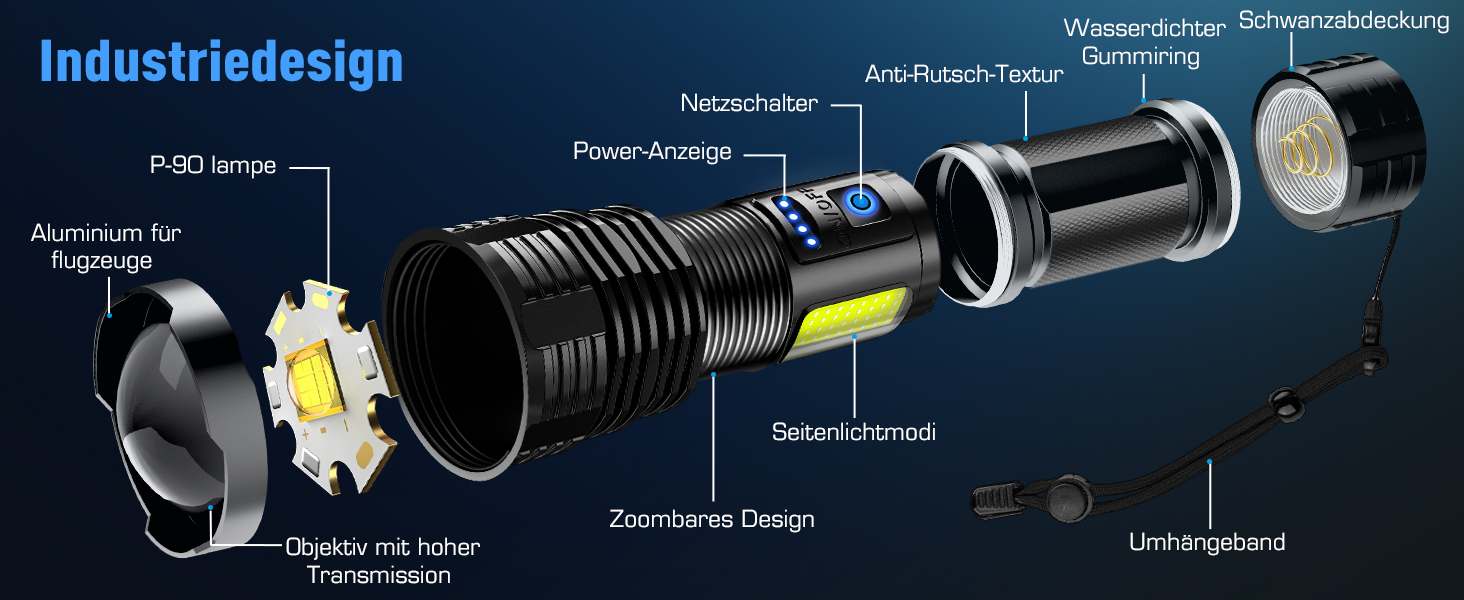 LED ліхтарик Sidark, 500000 люмен, водонепроникний IPX7, 9 режимів, Zoom, бічне світло, для кемпінгу та надзвичайних ситуацій