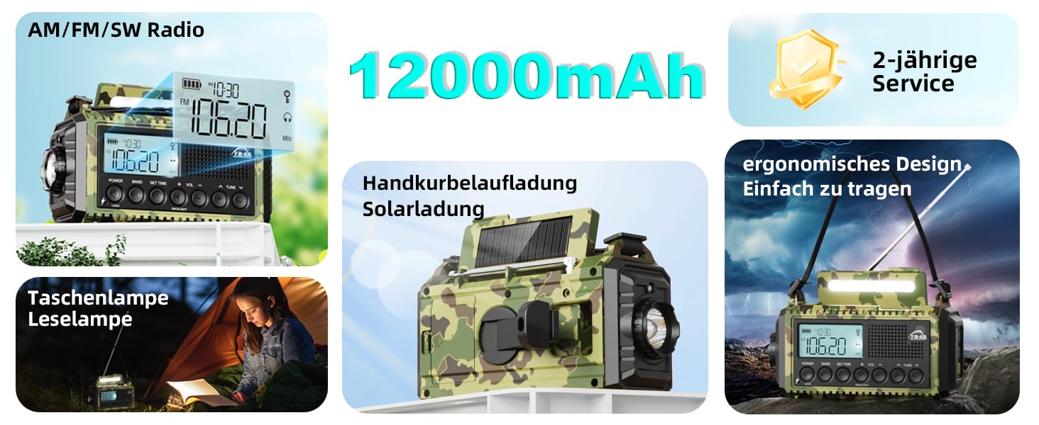 Радіо Roxicosly на ручному привіді, радіо екстреного зв'язку з Power Bank, AM/FM/SW радіо, ручне радіо та радіо 5-ти режимів з приймачем на весь світ. Як ліхтарик та зарядний пристрій, для активного відпочинку, кемпінгу, походів (Зелений камуфляж, 12000mAh)