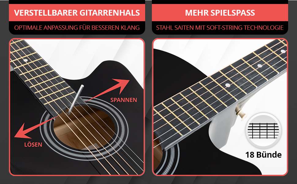 Rocktile WSD-5C-BK: Акустична гітара Western Slim Line - Комплект з чохлом, струнами, ременем та медіатором (Чорний)