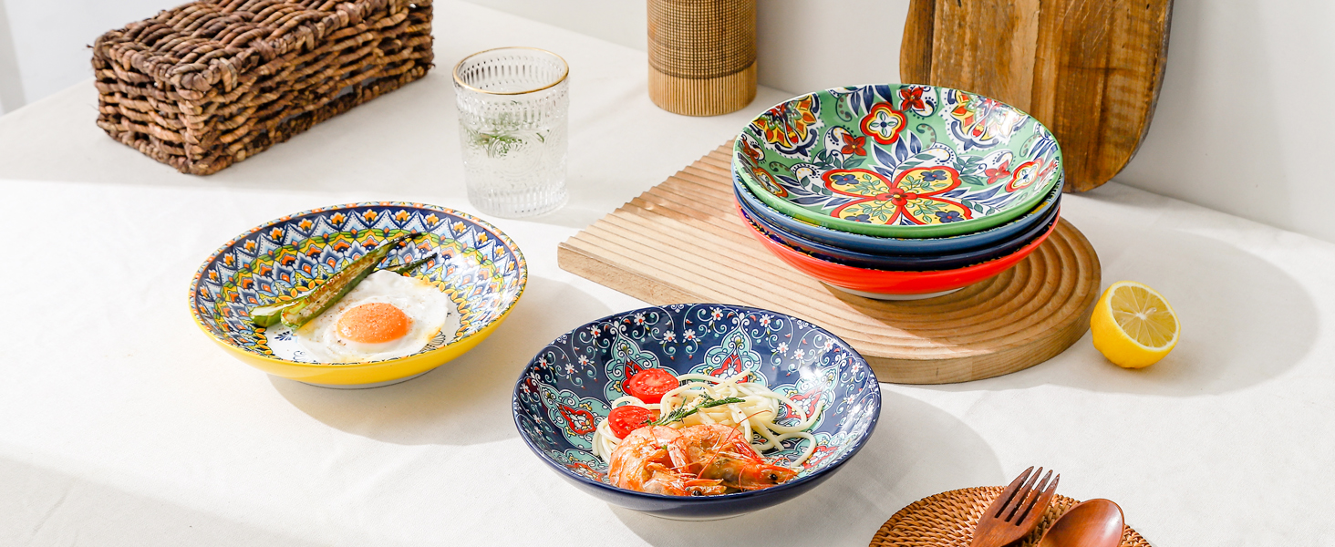 HENXFEN Набір супових тарілок з порцеляни, 700мл, 6 шт. Яскраві тарілки для супу, пасти, салату, фруктів - Богемний стиль