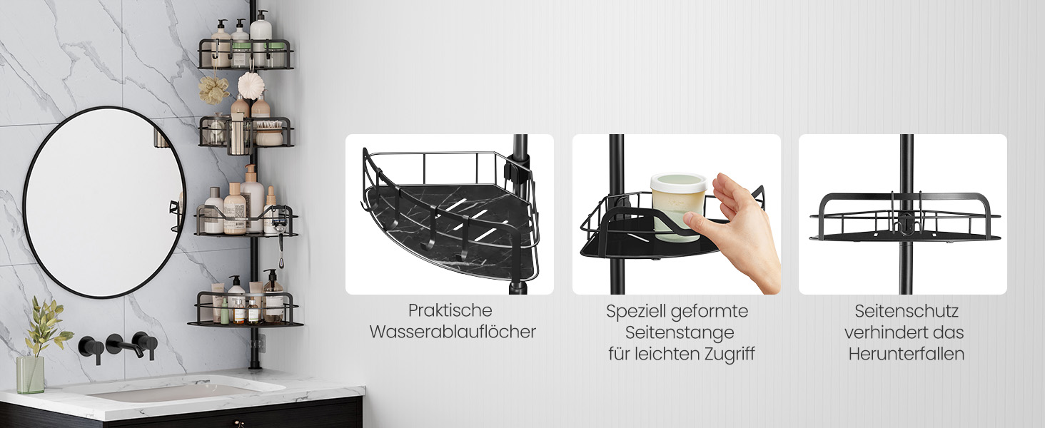 SONGMICS Поличка для душу та ванної кімнати, без свердління, 4 яруси, регульована висота, чорний BCB003B01