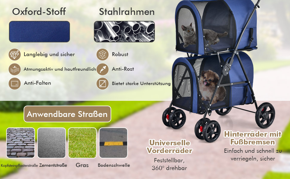 COSTWAY 2-ярусна візок для собак та котів, до 16 кг, з сітковими віконцями, тримачем для напоїв та зчіпкою, блакитний