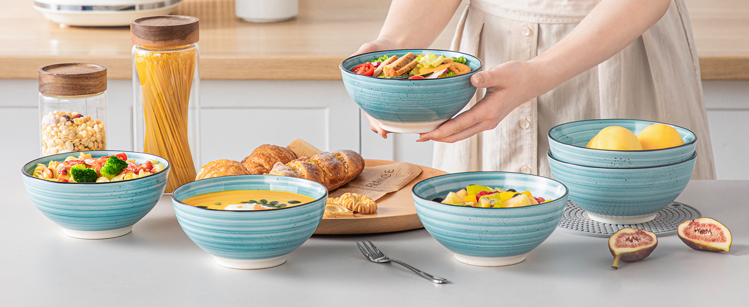 Набір керамічних мисок Vancasso Bonbon (6 шт., 840 мл) – для супу, салату, пасти, мюслі. Керамічні миски для кухні, дому та ресторану, блакитні