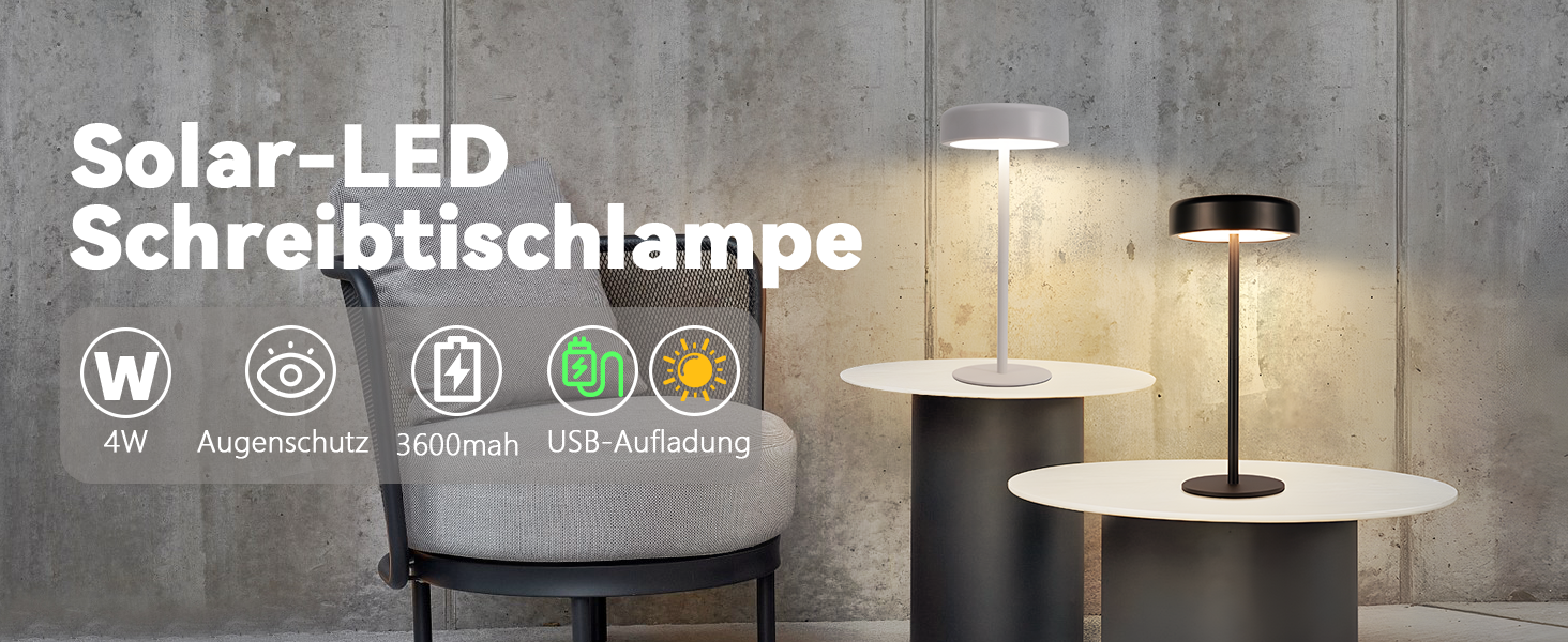 Настільна лампа на сонячній батареї з акумулятором LED, 2 шт. Чорна - Бездротова, сенсорна, димована, USB зарядка, IP44 для дому та вулиці