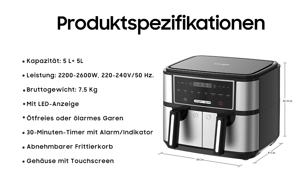 Фритюрниця повітряна подвійна 12л з подвійними камерами, LED-дисплеєм, 10 програмами, функцією сушіння та Dual Cook, 2600W