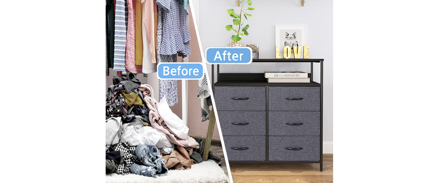 LYNCOHOME Chest of Drawers with Fabric Drawers, Sideboard Entryway Cabinet with 6 Fabric Drawers and Compartments, Drawer Unit Storage Furniture for Kitchen, Office, Bedroom (Gray)