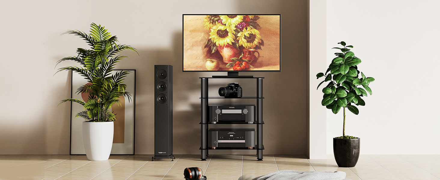 Підставка для телевізора FITUEYES, HiFi стелаж, аудіо тумба, скло та алюміній, 600x455x762 мм