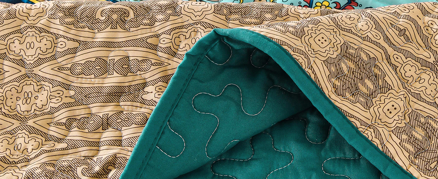 Покривало WONGS BEDDING Boho 220x240 см, стьобане, мікрофібра, комплект 3 в 1 (2 наволочки 50x70), для двоспального ліжка та дивана, бежево-зелене, для спальні