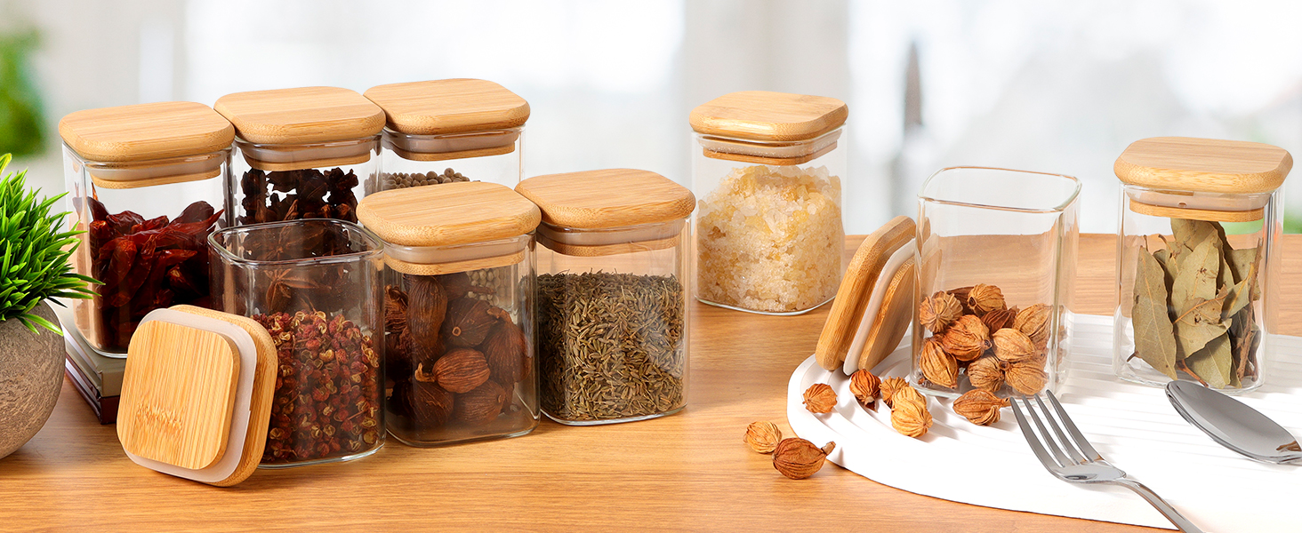 Набір скляних банок для спецій 12 шт. 200 мл з дерев'яною кришкою, набір дозаторів спецій, контейнери для спецій