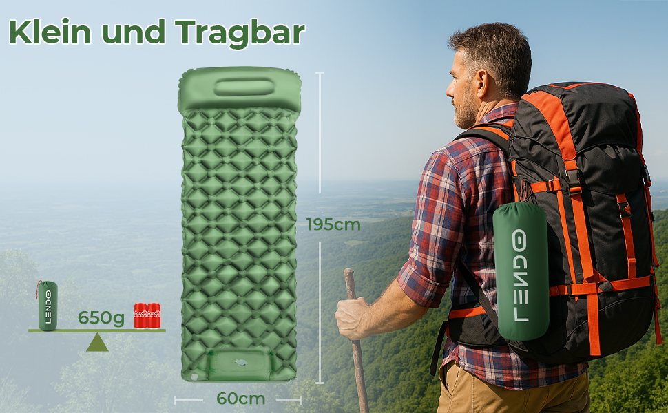 Надувний килимок для кемпінгу самонадувний Ultraleichte 195x60 см з вбудованою подушкою та помпою, водонепроникний, зелений