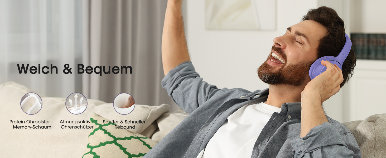 Бездротові навушники DOQAUS Bluetooth з довгим терміном служби (70 годин), Over-Ear, Bluetooth 5.4, з кабелем, 3 режими EQ, Hi-Fi стерео для подорожей/телефону/ПК (фіолетові)