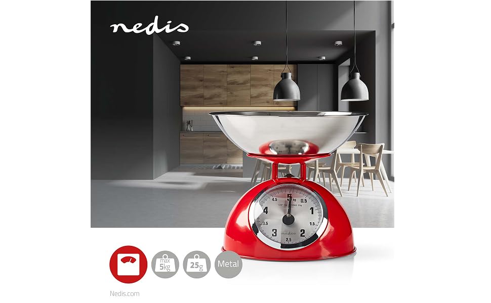 Кухонні ваги Nedis KASC110RD - аналогові, 5 кг, нержавіюча сталь, чорний колір