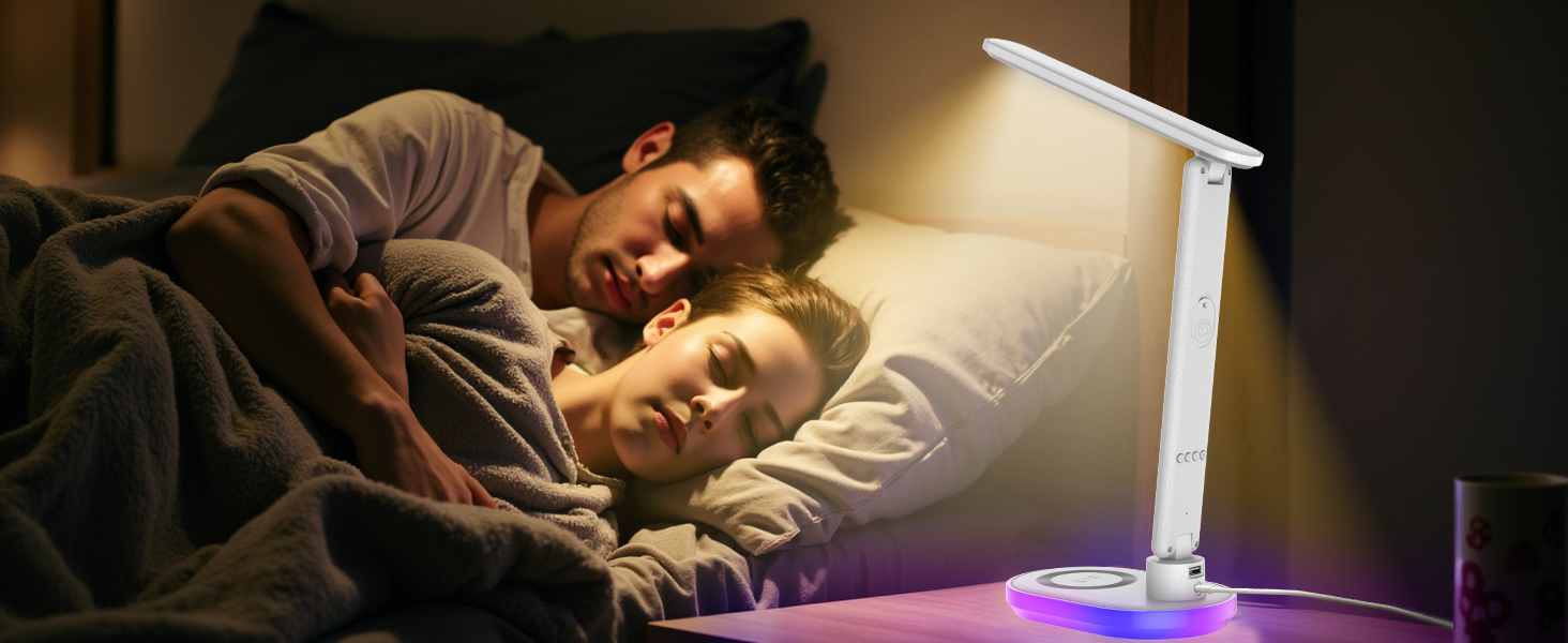 Настільна лампа CCHKFEI з регулюванням, годинником, LED-дисплеєм, бездротовим зарядним пристроєм 10W та USB-портом, 3 режими кольору, датчиком температури та RGB-підсвічуванням для читання, дому та офісу