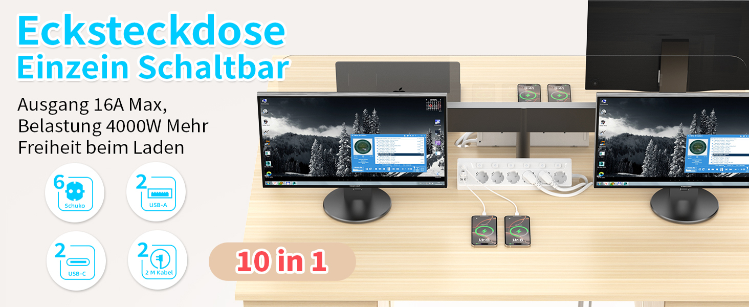 Розподільник розеток з захистом від перенапруги, 6 розеток, USB-C, 2м кабель, 4000W, 16A, для кухні, дому, офісу (білий)