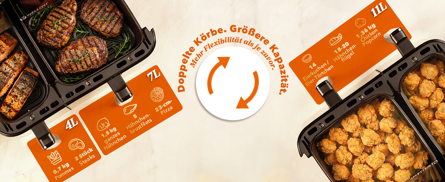 Фритюрниця повітряна WELLENT 2 камери, 2600W, 11л (4+7л) з сенсорним екраном, 10 функцій, для дому