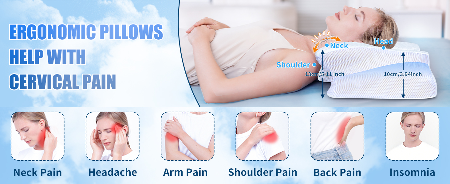 Подушка для шиї SAHEYER з Memory Foam, ортопедична, ергономічна, для сну на боці, біла, 60 x 35.5 x 10/13 см