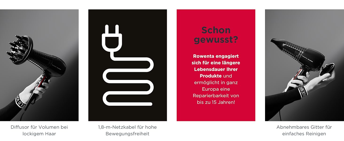 Фен Rowenta x Karl Lagerfeld Studio Dry CV581L: Ефективність та стиль, 6 режимів, Thermo Control, чорний/червоний