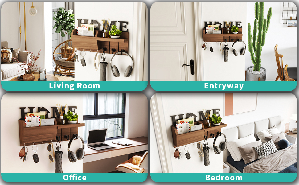 Держатель для ключів HapiRm з декором HOME, дерев'яне ключниця з 7 гачками, з полицею. Підходить для входу, передпокою, спальні, офісу, коричневий