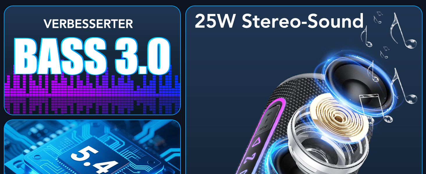 Портативна Bluetooth колонка 25W з підсвіткою, двопотоковим басом та захистом IPX7, TWS стерео, акумулятор на 24 години, чорна