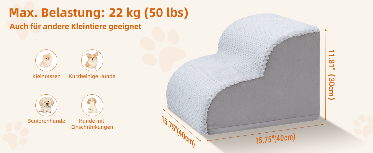 Східці для собак KSIIA на 3 сходинки, 40 см, сірі. Ідеально для маленьких собак та котів, підходять для ліжка, дивану, софи та авто. Розміри: 40x57x40 см