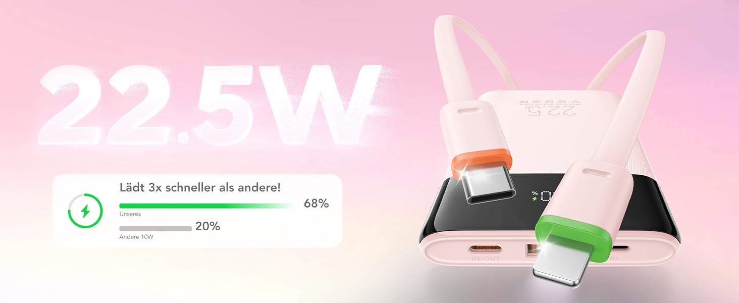 Повербанк VEGER 10000mAh 22.5W з вбудованим кабелем USB-C, рожевий